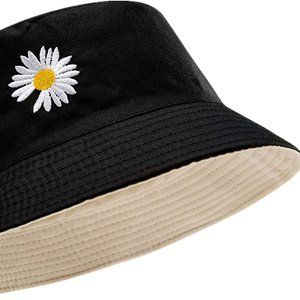 Sun Hat Summer Flower Reversible Bucket BeigeBlack